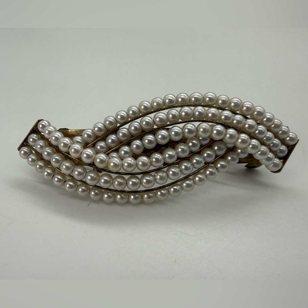 Vintage Classy Faux Pearl Large French Barrette Gold Tone Bridal Hair Clip Gift - Picture 8 of 8